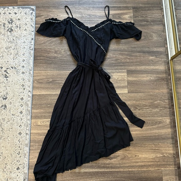 PAIGE Asymmetrical Cold Shoulder Dress Black with metal studs and fabric belt - Picture 8 of 12